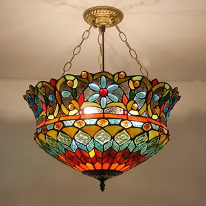 蒂芙尼风格维多利亚式5灯天花板吊坠18英寸彩色玻璃灯罩艺术新派田园蒂芙尼吊灯