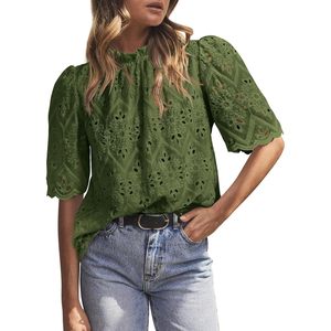 Blusa Verde Bordada con Ojales para Mujer, Manga Corta, Manga Abullonada, Cuello con Volantes, Top Casual de Primavera Verano, Capa Transparente de Encaje - Product Image 1