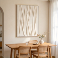 Peinture à l'huile abstraite géométrique faite à la main sur toile texturée beige de grande taille avec cadre blanc – Œuvre d'art en tissu