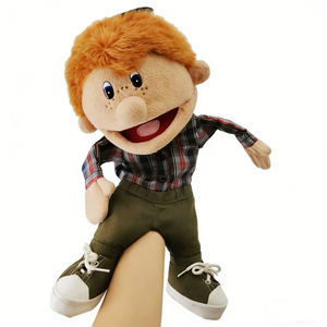 Marioneta de Mano de Cuerpo Completo de Niño Rubio con Pecas, Marioneta de Ventriloquismo con Boca Móvil en Camisa a Cuadros y Pantalones Verdes - Product Image 1