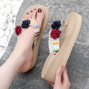 New Summer Ins Style Floral Flip Flops Wedge Thick Sole Clip Toe Beach <b>Slippers</b> Plus Size Outdoor Sandals for Women - Product Image 2