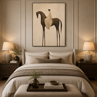 Tableau mural texturé de cavalier minimaliste de luxe, peinture sur toile, œuvre d'art vintage, tons neutres, cadre en bois suspendu, décoration faite à la main