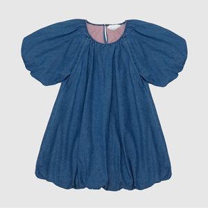 <span class=keywords><strong>Vestido</strong></span> casual mini de mezclilla lavado claro con cuello redondo fruncido, manga abullonada y dobladillo burbuja para <span class=keywords><strong>mujer</strong></span>, fabricado a medida - Product Image 3