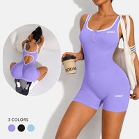Combinaison de yoga une pièce côtelée pour femme avec logo personnalisé, tenue de sport dos nu, ensemble short et body de gym