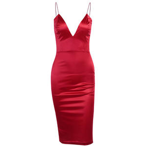 Rosso Nero <span class=keywords><strong>Abito</strong></span> di Raso Di Seta Elegante delle Cinghie di Spaghetti di Lunghezza Del Ginocchio Vestiti Da Partito Delle Signore Sexy Scollo A V Matita <span class=keywords><strong>Midi</strong></span> Dress - Product Image 5