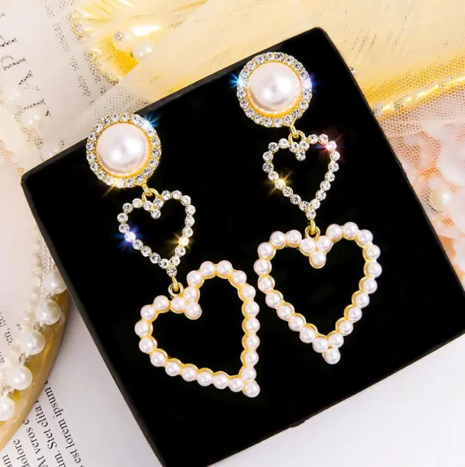 QIFEI orecchini pendenti con cuore in cristallo con ago in argento 925 amore orecchini da sposa con perle imitazione