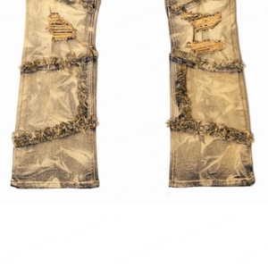 Jean en denim durable de haute qualité, design déchiré et réparé, coupe évasée, semi-empilé pour homme - Product Image 3
