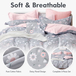 Poland Stock <b>Daisy</b> Floral Cotton <b>Bedding</b> Set Grey White Blossom Duvet Cover for B to B EU Dropshipping 3pcs - Product Image 2