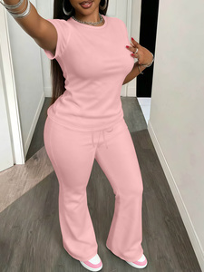 Ensemble pantalon évasé pour femmes grandes tailles, t-shirt à manches courtes et pantalon taille haute coupe bootcut, <span class=keywords><strong>tenue</strong></span> 2 pièces pour femmes courbes - Product Image 3