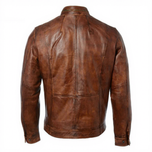 Veste moto en cuir véritable marron pour homme, col montant, fermeture éclair, poches, doublure en coton, style automne - Product Image 2