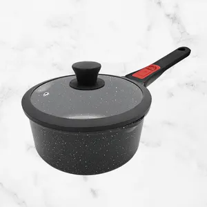 Sartén esmaltada personalizada para salsas, utensilios de cocina, sartén antiadherente para salsas negras de 20cm con tapa de vidrio de silicona y mango extraíble