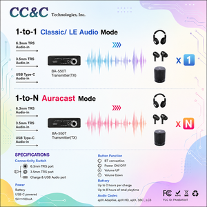 CC&C สินค้าขายดี BA-550T เครื่องส่งสัญญาณเสียงระดับมืออาชีพ BT 5.4, อะแดปเตอร์ไร้สายแบบกระจายสัญญาณ 1 ต่อ N พร้อมช่องต่อ 6.3 มม./3.5 มม./USB-C - Product Image 5