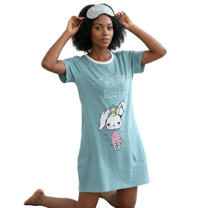 Camisón de manga corta azul claro para mujer con estampado de conejita, cuello redondo, largo hasta la rodilla, ropa de dormir de algodón, vestido informal de verano - Product Image 1
