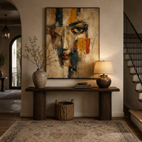 Tableau mural vintage abstrait, portrait de visage, peinture à l'huile sur toile texturée, œuvre d'art géométrique expressionniste peinte à la main, décoration moderne pour hôtel