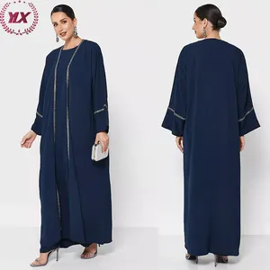 New Dark Blue Shimmer Trim Shiny Beaded Embellishments Design Long Sleeves Soft Fabric Dubai Abaya 2022 Luxurious