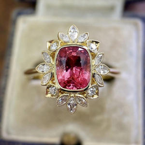 Bague de cocktail pour femme F1743 en or massif 18 carats avec tourmaline et diamant marquise, sertie de fleurs, bijoux fins pour fiançailles - Product Image 2