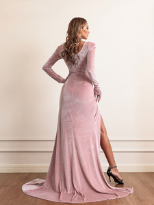 Vestido de Noche Elegante <span class=keywords><strong>2023</strong></span> para Mujer, Vestido Largo de Terciopelo con Abertura Sexy, <span class=keywords><strong>Vestidos</strong></span> de <span class=keywords><strong>Invitada</strong></span> de Boda con Volantes - Product Image 3