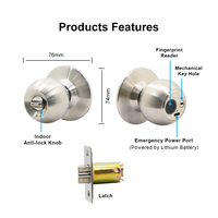 Cerradura Inteligente con Perilla Redonda y Aplicación Tuya, Entrada sin Llave, para Puertas Interiores de Madera, Llave Biométrica con Huella Dactilar, Cerradura Inteligente de Aluminio con Perilla