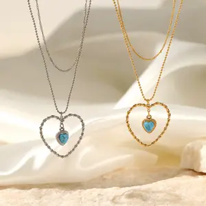 Fashion Double Layer Chain Turquoise Stone Pendant Necklace Elegant Stainless Steel Heart Pendant Chain Necklace