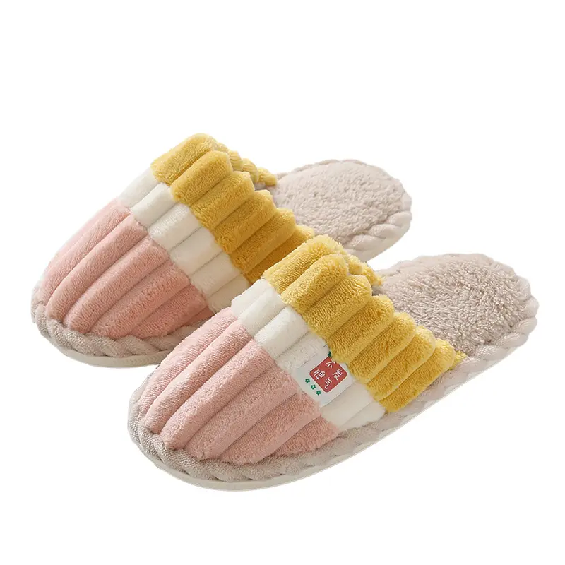 Manufacturers Wholesale Winter Indoor Triple Color Corduroy Shoes Thick Bottom Non-slip Warm Slippers
