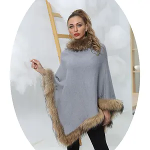 Janefur grande demande fourrure de raton laveur de couleur naturelle poncho printemps automne col fourrure détachable laine cape tricotée châle pour femmes