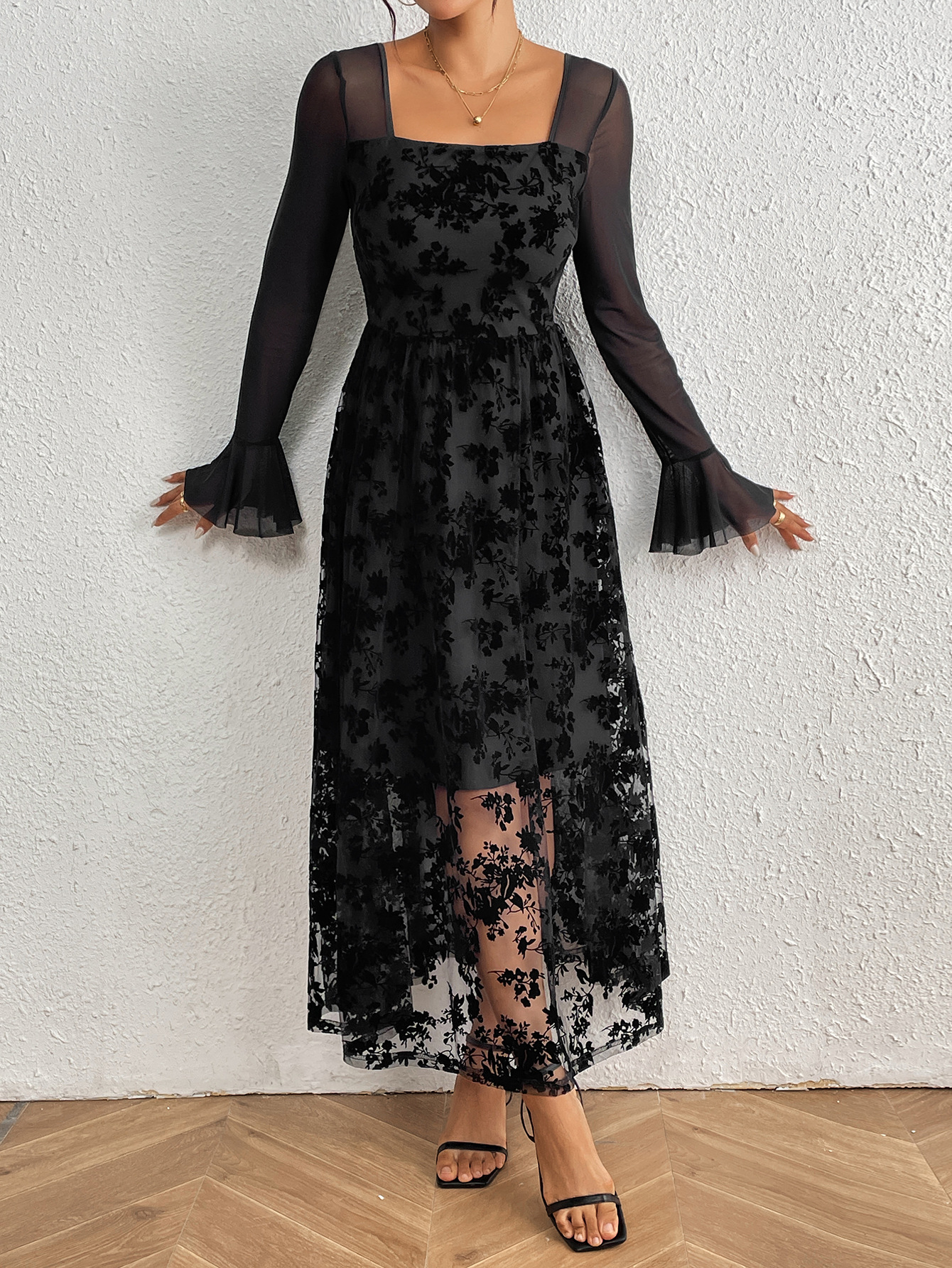 Shop Our Elegant Black Lace Mesh Embroidered Dress