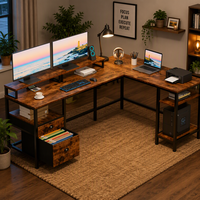 Bureau d'ordinateur en forme de L de 66 pouces, design réversible, tiroir à dossiers, support pour 2 moniteurs, étagères de rangement, table d'ordinateur d'angle