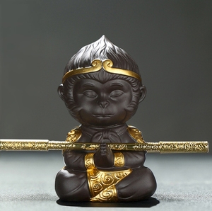 7,3*6*11,8 Cm pequeño mono rey coche decoración sonrisa risa monje pequeña estatua de Buda de cerámica té mascota - Product Image 5