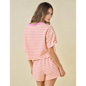FOXA Striped <b>2</b> <b>Piece</b> Set Women Summer Short Sleeve Top And Shorts Lounge Wear Casual Matching Outfits Breathable Knitted - Product Image 5