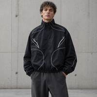 Blouson Bomber Noir Tissé Personnalisé par le Fabricant avec Passepoil Contrastant, Fermeture Éclair Intégrale, Col Montant, Coupe Oversize, Style Y2K Streetwear, Léger à Capuche pour Homme