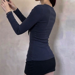 Camiseta de Manga Larga para Mujer, Sexy, Cuello Bajo, con Lazo, Ajustada, Elástica, de Color Sólido, para Salir de Fiesta, de Poliéster y Elastano, 180g - Product Image 2