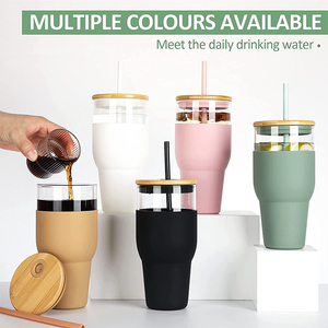 Gran oferta, vaso de vidrio de 32oz con pajita para jugo, botella de agua de vidrio ecológica con funda de silicona, tapa de Bambú - Product Image 6