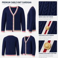 Kardigan Rajut Kabel Biru Dongker Preppy Logo Kustom OEM, Sweater V-Neck Bergaris Rib Knit Kancing Crest Kasual untuk Wanita