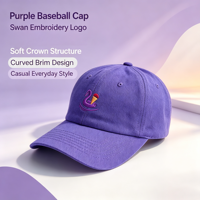 Casquette de baseball décontractée en coton lavé violet non structurée avec broderie mignonne cygne et crème glacée, style vintage, pour le quotidien, les voyages et les activités de plein air