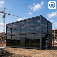 Bureau de chantier modulaire préfabriqué en conteneur, à deux étages, avec mur-rideau en verre et structure en acier, démontable