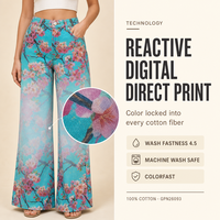 Jean taille haute à jambe large pour femme, imprimé numérique réactif, bleu cyan turquoise dégradé, motif fleurs de cerisier Sakura rose éclatant, couleur inaltérable