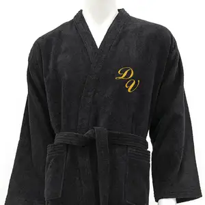 Bán buôn Jacquard Velor Kimono màu đen 100% cotton terry của người đàn ông Áo Choàng Tắm