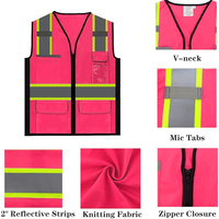 En stock, gilet de sécurité réfléchissant pour femmes, tissu tricoté rose, bande réfléchissante de 2 pouces, fermeture éclair sur le devant, plusieurs poches, vêtements de travail haute visibilité