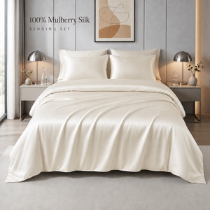Parure de <span class=keywords><strong>lit</strong></span> personnalisée 4 pièces en soie unie avec drap-housse et housse de <span class=keywords><strong>couette</strong></span> – Tailles Twin, Queen, King - Product Image 1