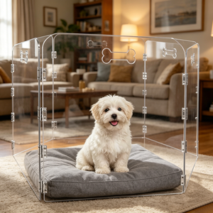 Recinto in Acrilico per Cani e Piccoli Animali, Casa Preassemblata Pieghevole con Cancello Trasparente e Maniglie per Interni - Product Image 1