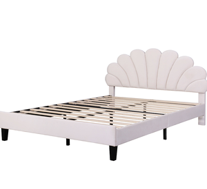 <b>Queen</b> <b>Size</b> Modern Pine Wood Upholstered Platform <b>Bed</b> with Flower Pattern Velvet Headboard Eco-Friendly Durable Beige - Product Image 2