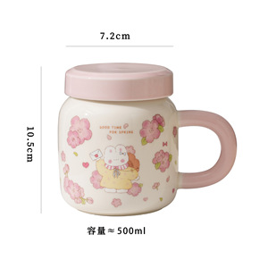 Mug en céramique avec couvercle, motif lapin de dessin animé fleur de cerisier, grande capacité, style maison de haute valeur <span class=keywords><strong>pour</strong></span> petite fille - Product Image 5