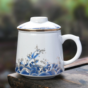 Dehua <b>Ceramic</b> Mug Set With Lid And Filter Oriental Design Gift For Business - Product Image 4