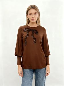 Maglione da Donna Primavera/Autunno in <span class=keywords><strong>Maglia</strong></span> Morbida Elasticizzata di Alta Qualità con <span class=keywords><strong>Grande</strong></span> Fiocco e Paillettes Ricamate, Maniche Lunghe, Pullover Plus Size - Product Image 5