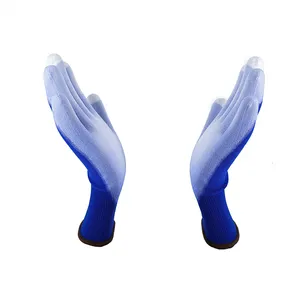 Luvas de nylon PU revestidas de nylon branco para o trabalho com tela de toque 15G azul