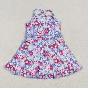 Vente de gros Ensemble athlétique d'été sans manches pour petite fille Boutique Robe de yoga pour enfants imprimée de fleurs violettes - Product Image 1