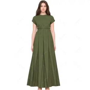 ODM pré-commande vêtements décontracté col rond vacances vert solide plissé longue Maxi Fit et Flare vacances robes pour les femmes