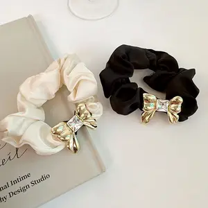 Luxury Metal Bow Glitter Diamond Hair Ring Fashion French Scrunchies Head Rope Women High Elasticity Leather Band