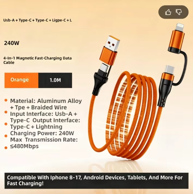 240W USB-A Magnetic Suction Fast Charging Data Cable Micro USB/Type-C Connectors Mobile Phone Fishing Net Braided Jacket Pure