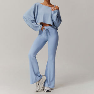 Новейший женский спортивный костюм с индивидуальным логотипом: топ с открытыми плечами и длинными рукавами, расклешенные брюки на шнурке для йоги, фитнеса и танцев - Product Image 5